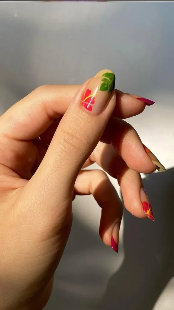 Vibrant Hibiscus and Leaves Nail