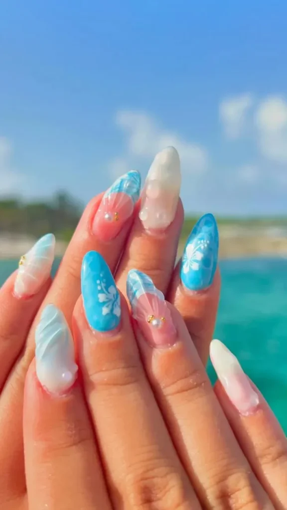 Beachy Blue Nails Summer Vacation Nail