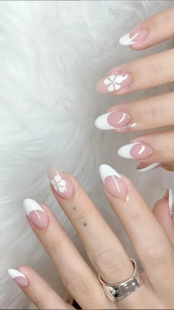 French Tip Nails with Flowers