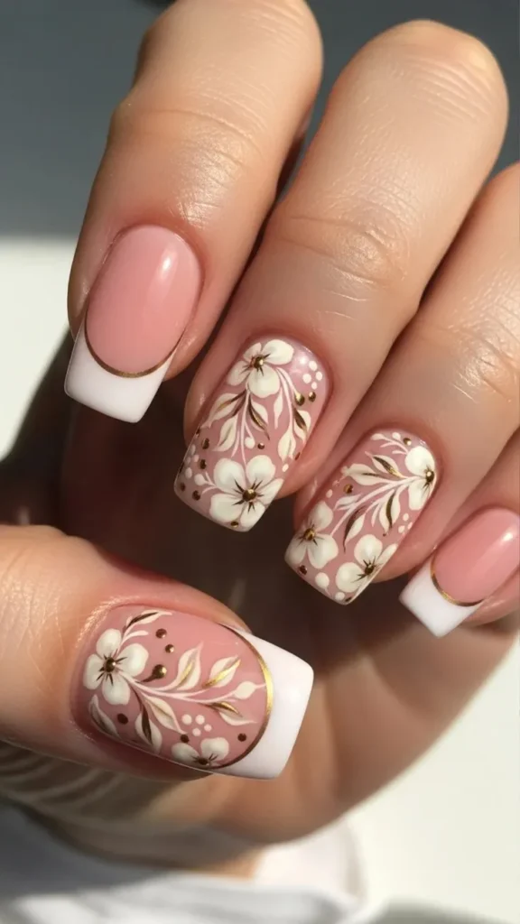 French Tip Nails with Flowers