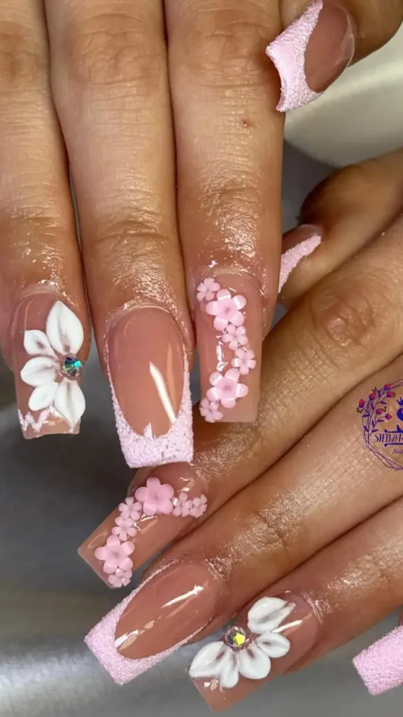 French Tip Nails with Flowers