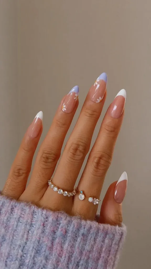 French Tip Nails with Flowers