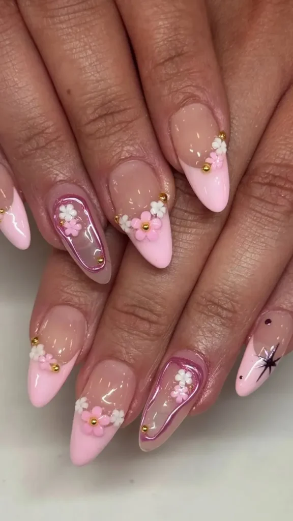 French Tip Nails with Flowers