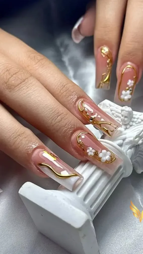 French Tip Nails with Flowers