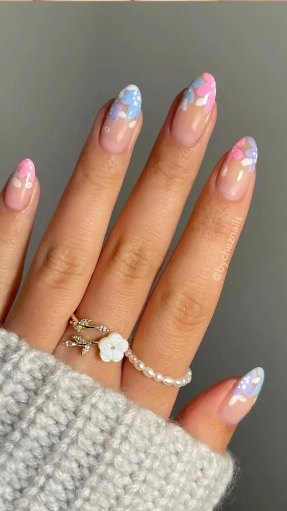 French Tip Nails with Flowers
