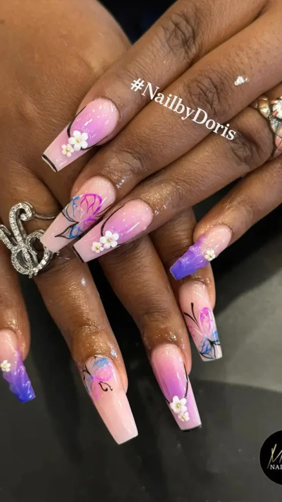 French Tip Nails with Flowers