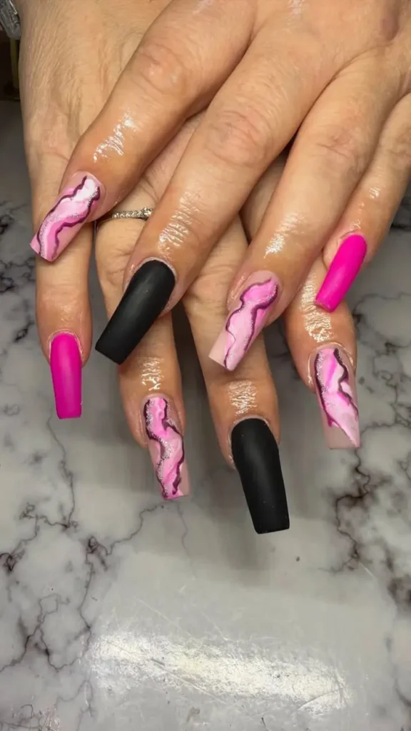 Hot Pink with Matte Black Details Summer Nails