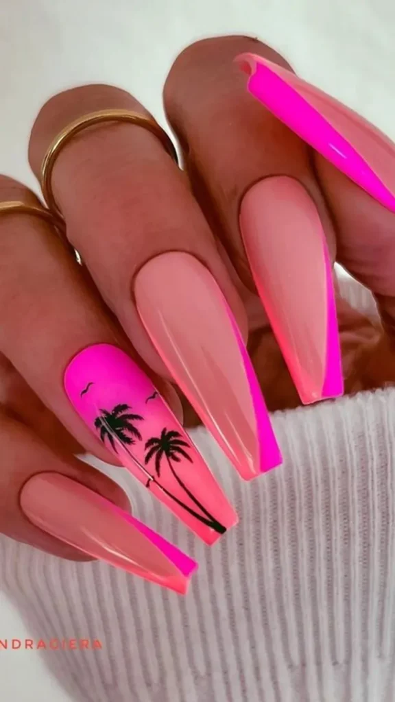 Hot Pink with Palm Leaves Summer Nails