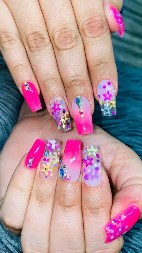 Hot Pink with Rhinestones Summer Nails