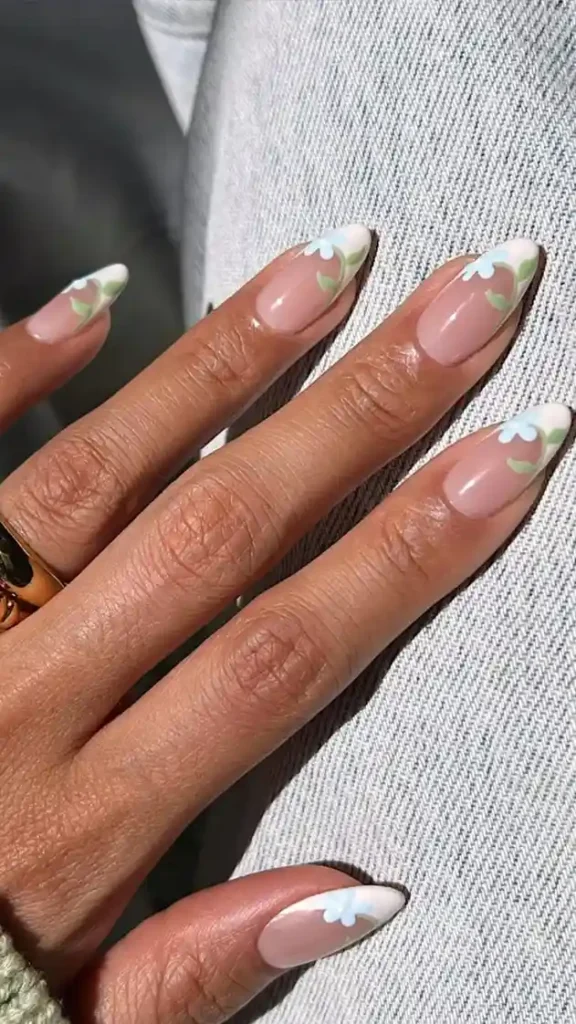 French Tip Nails with Flowers