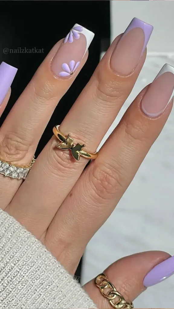 French Tip Nails with Flowers