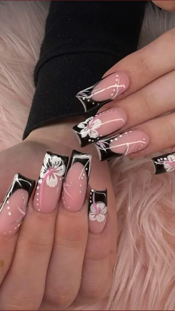 French Tip Nails with Flowers