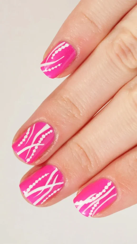 Neon Hot Pink with White Lines Summer Nails
