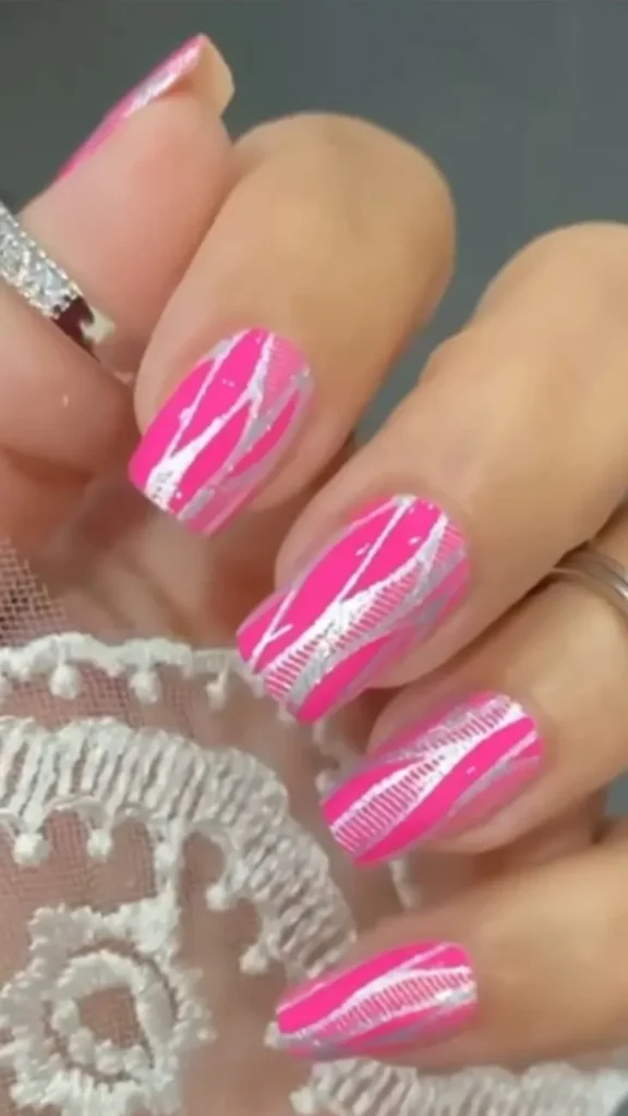 Neon Pink with Silver Foil Summer Nails