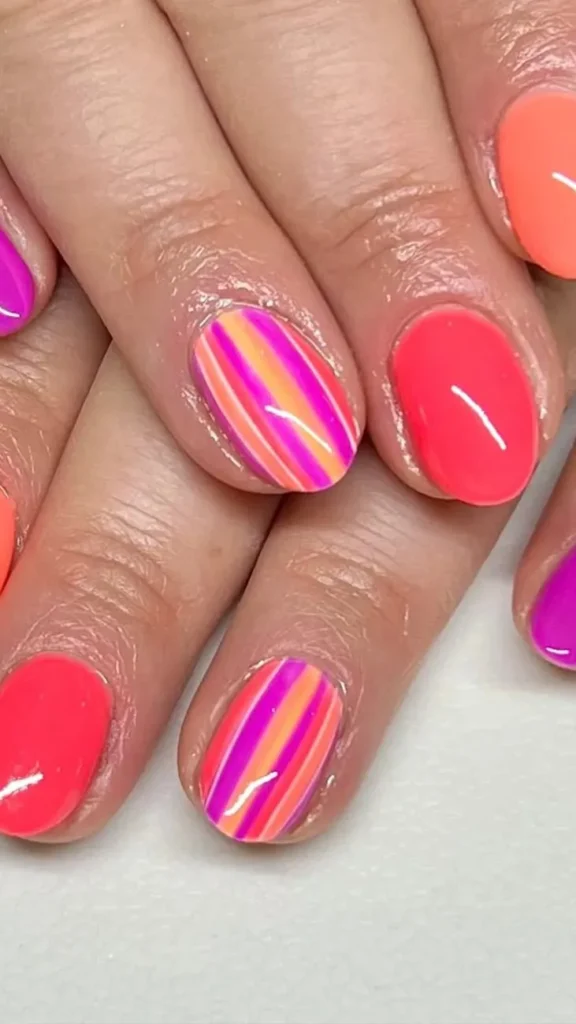 Neon and White Stripes Nail