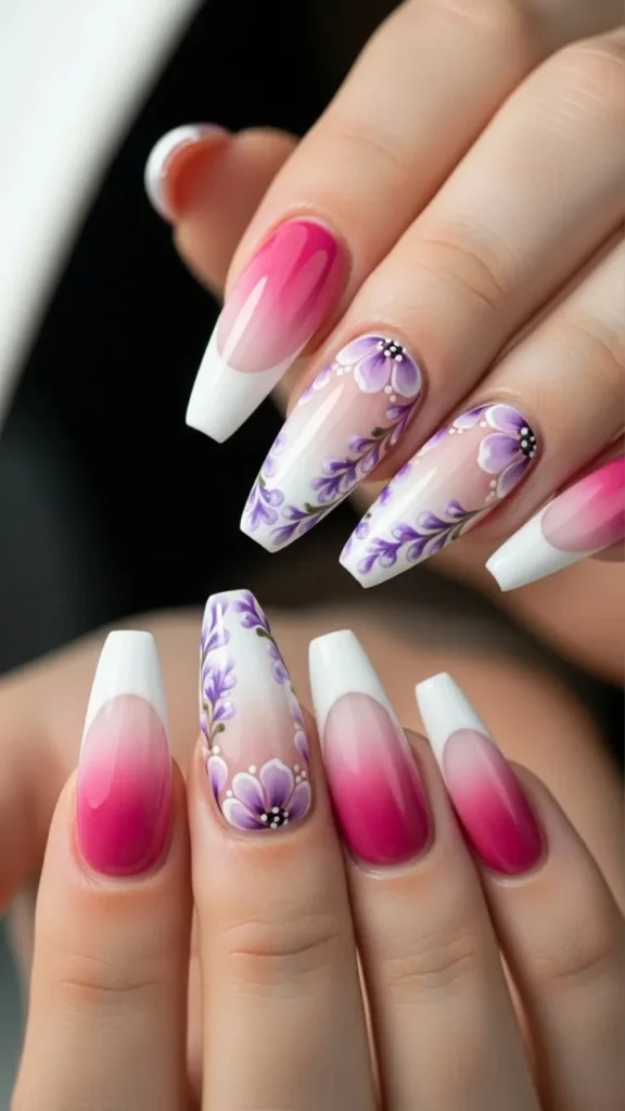 French Tip Nails with Flowers