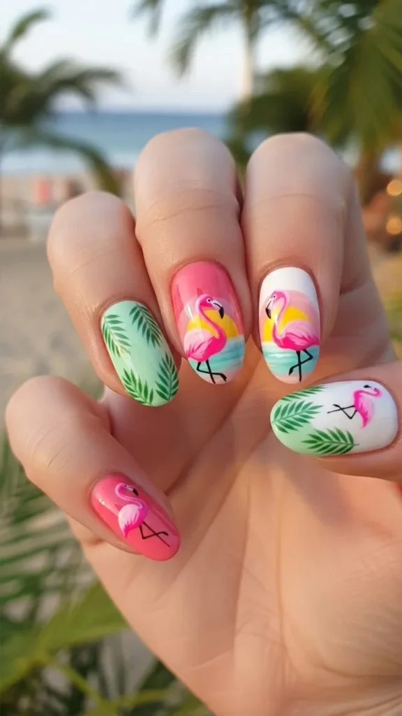 Palm & Flamingo Combo Tropical Nail
