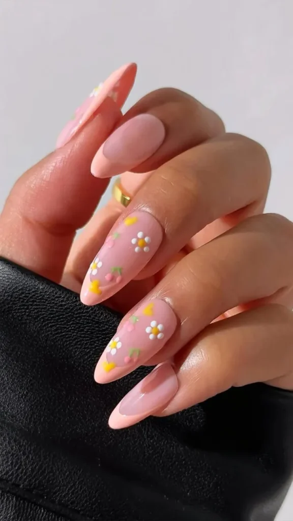 French Tip Nails with Flowers
