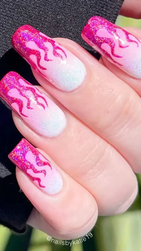 Pink Flames Summer Nails