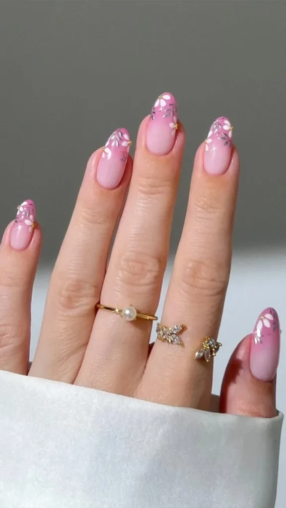 French Tip Nails with Flowers