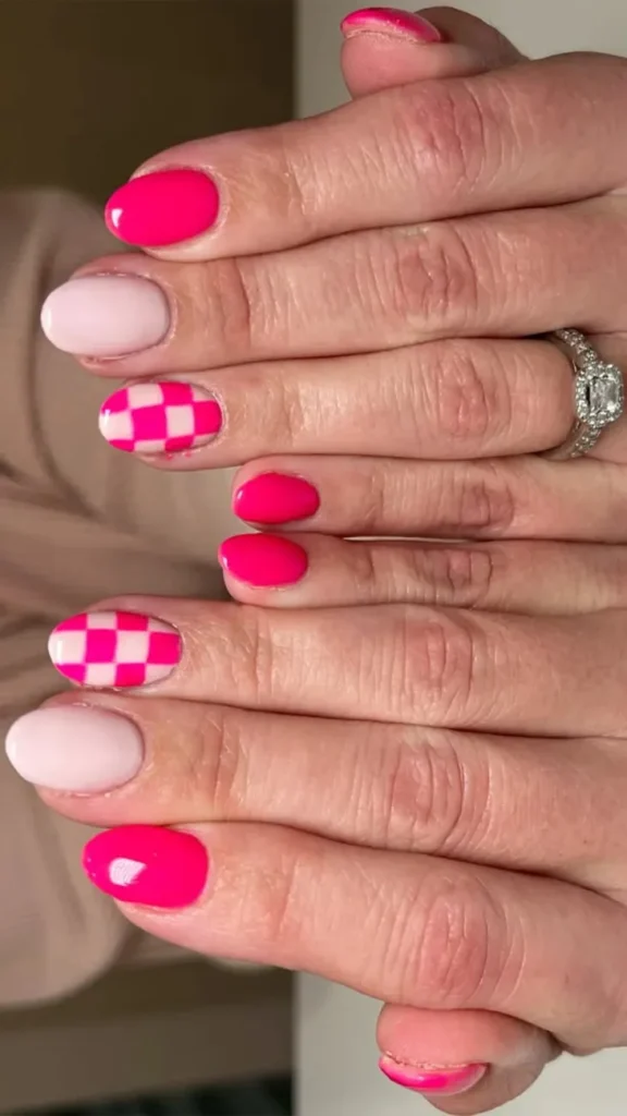 Pink and White Checkerboard Summer Nails