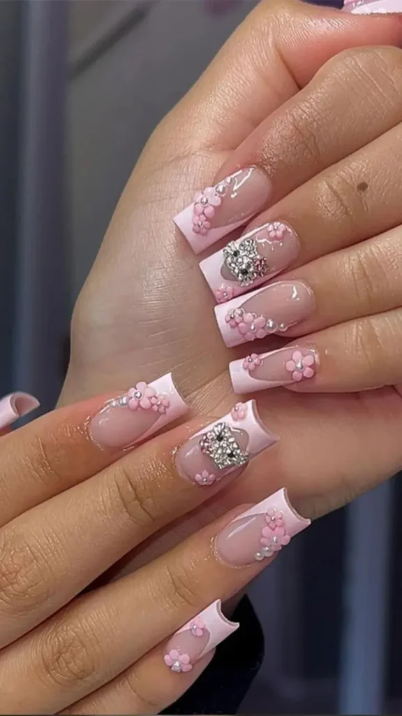 French Tip Nails with Flowers
