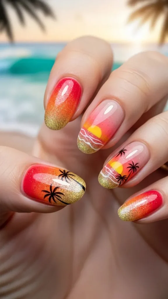 Sunset Glitter Fade Tropical Summer Nail