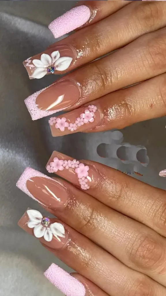French Tip Nails with Flowers