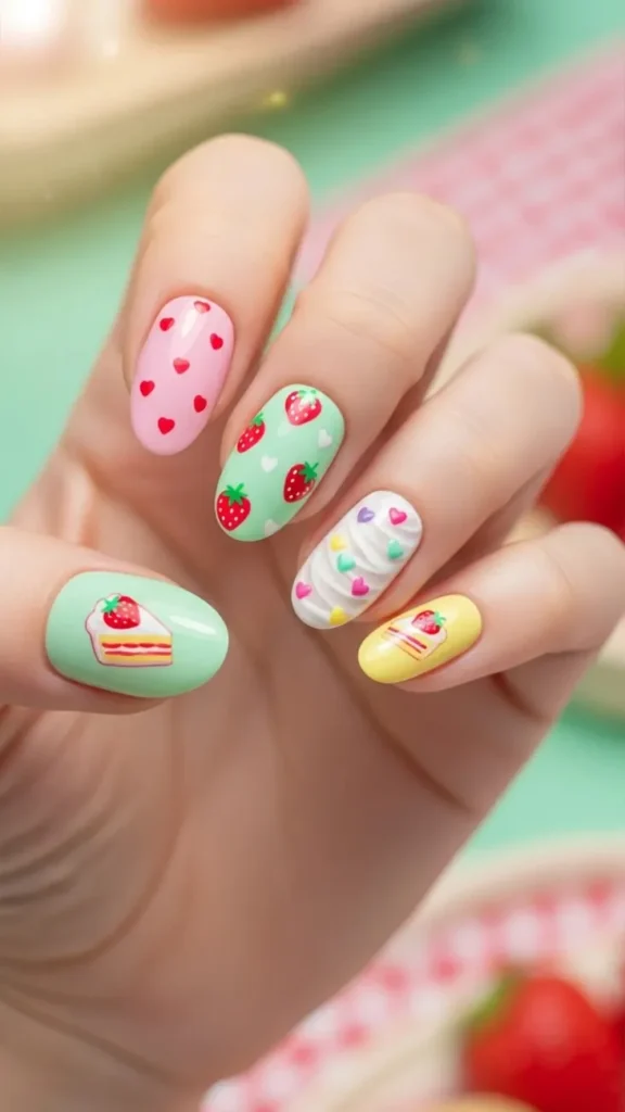 Summer Pastel Strawberry Shortcake Nails