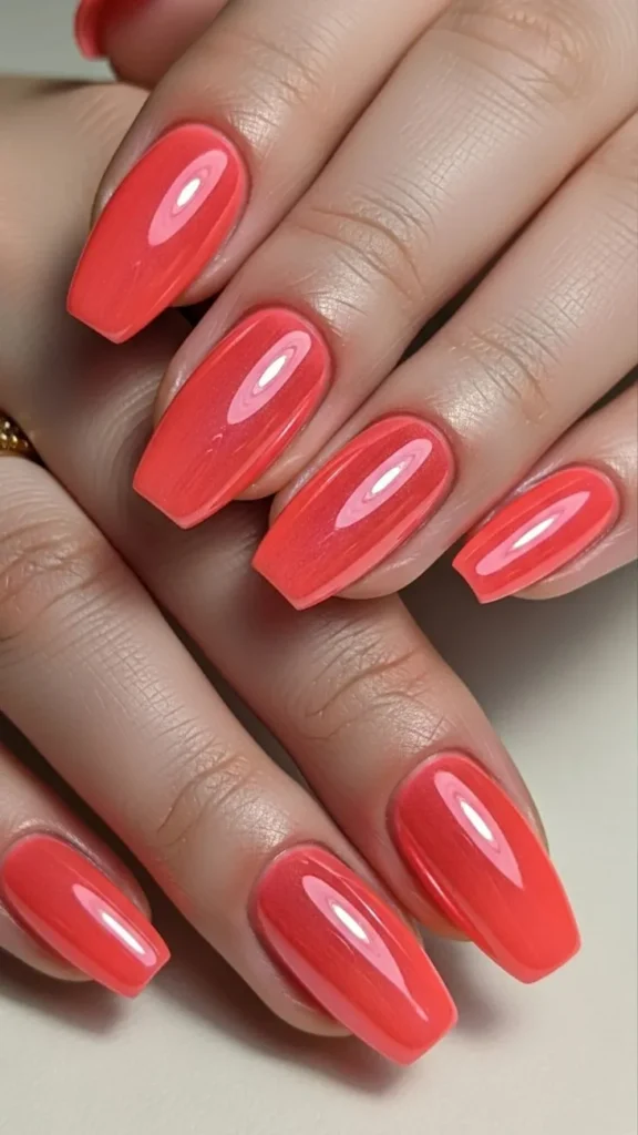 Summer Coral Crush Chrome Nails