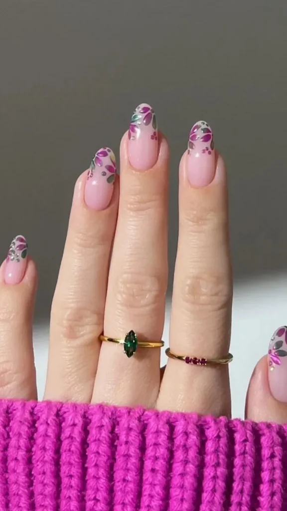 Summer Floral Chrome Tips Nails