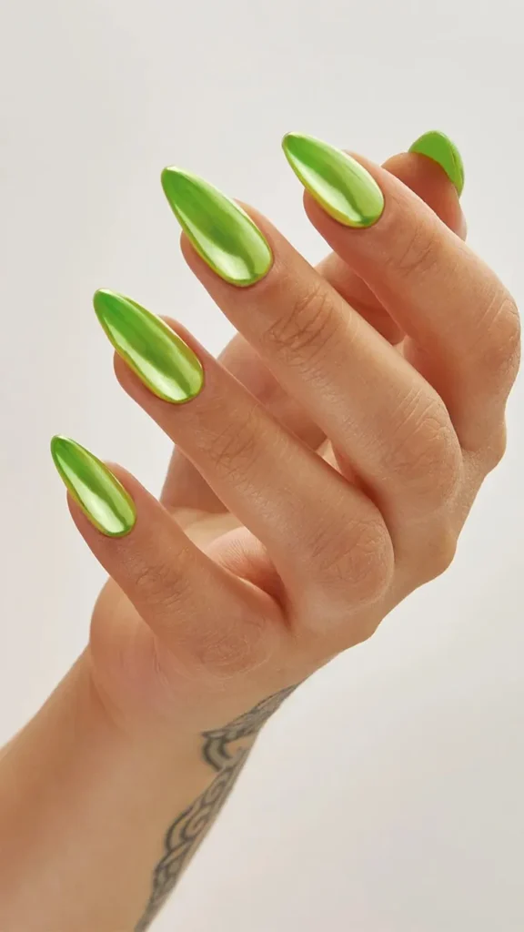 Summer Lime Green Chrome Nails