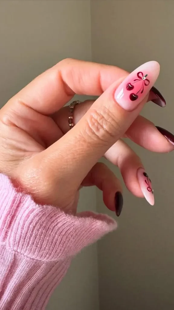 Summer Pastel Cherry Accent Nails