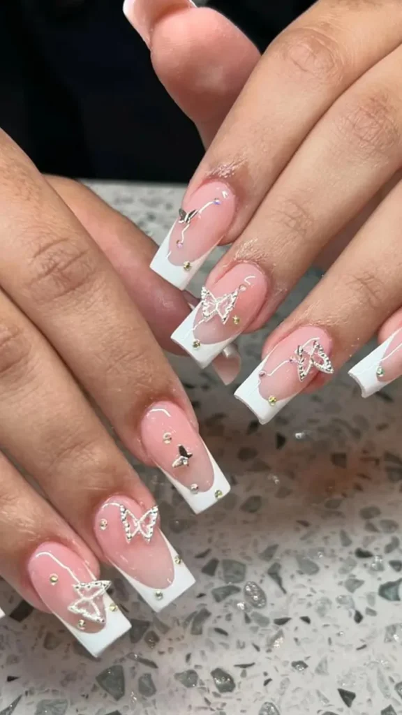 Butterfly Summer French Tip Nails Accents