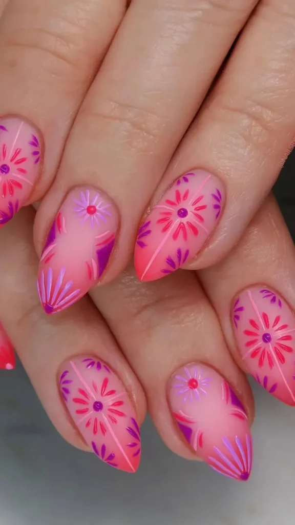Coral Floral Summer Nail Art