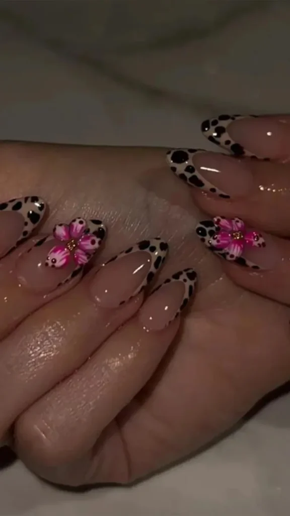 Coral and Black Animal Print Summer Nail