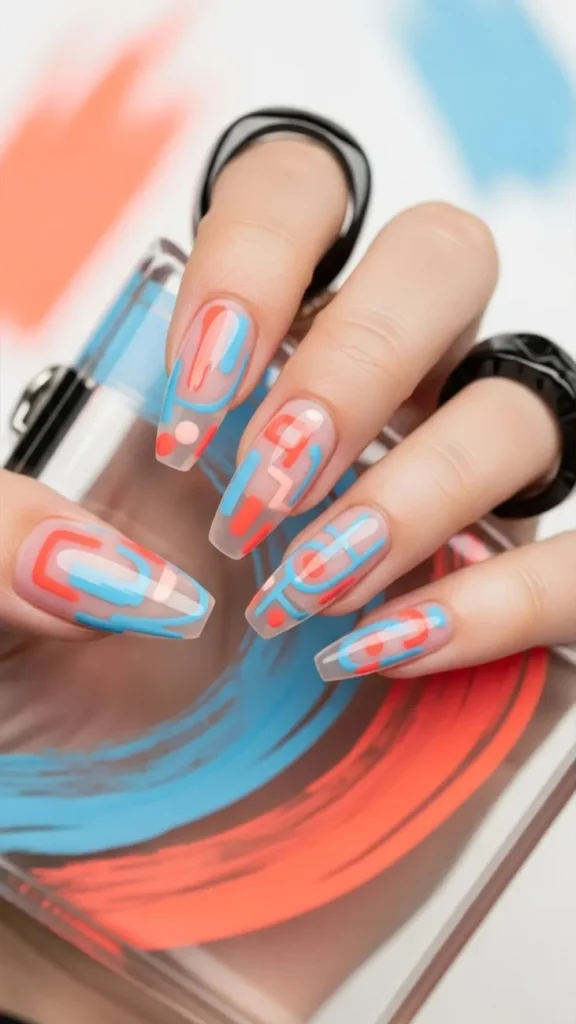 Coral and Blue Abstract Art Summer Nail
