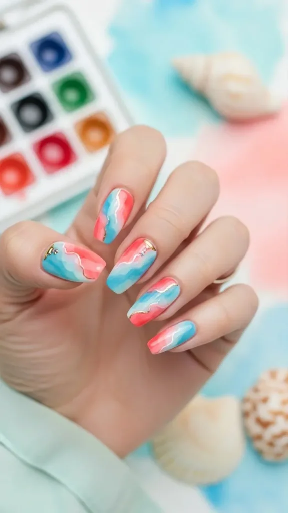Coral and Blue Watercolor Art Summer Nail