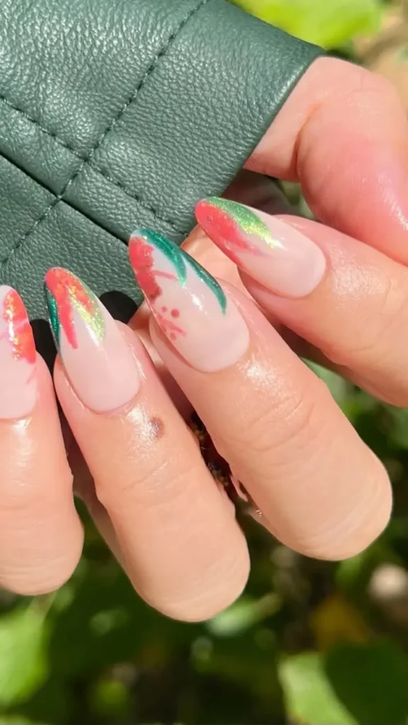 Coral and Green Tropical Leaves Summer Nail