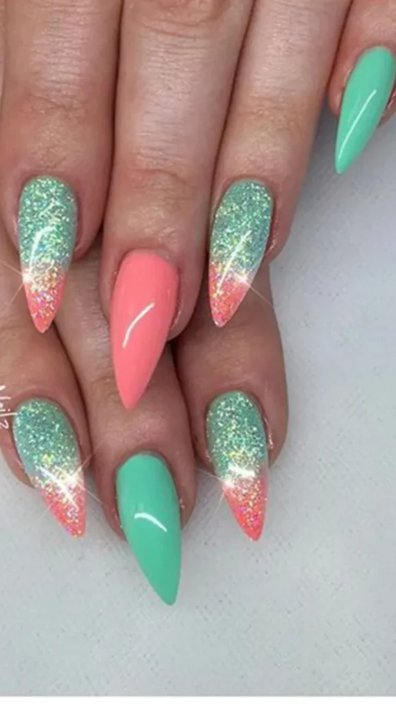 Coral and Mint Green Mix Summer NAil