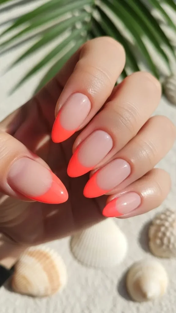 Coral and Nude Half-Moon Design Summer NAil