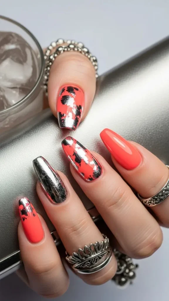 Coral and Silver Foil Accents Summer NAil