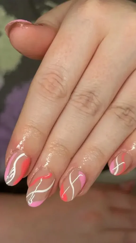 Coral and White Abstract Lines Summer NAil