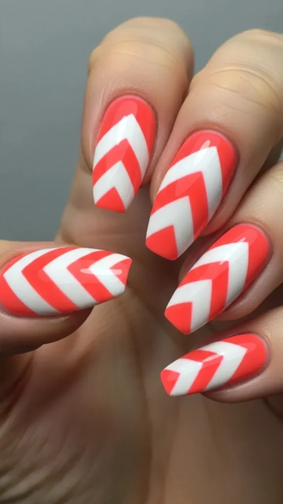 Coral and White Chevron Patterns Summer NAil