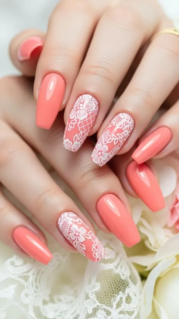 Coral and White Lace Designs Summer Nail