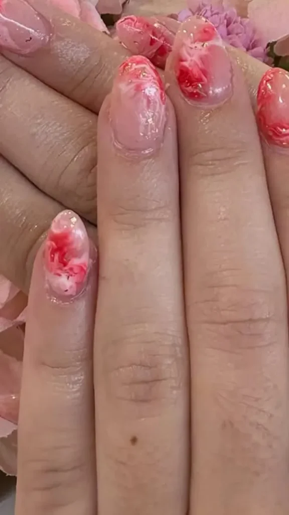 Coral and White Marble Effect Summer Nail