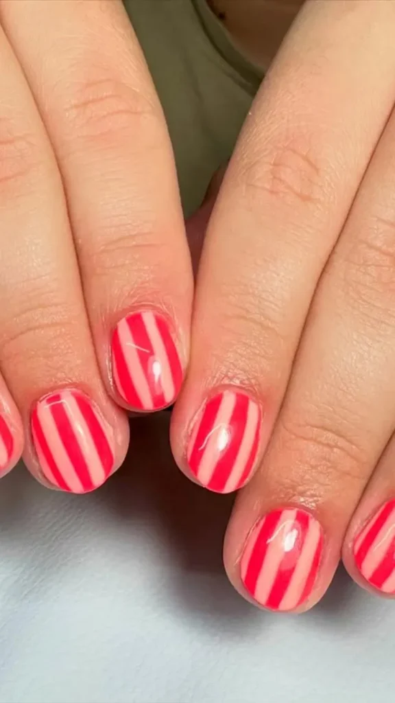 Coral and White Stripes Summer Nail