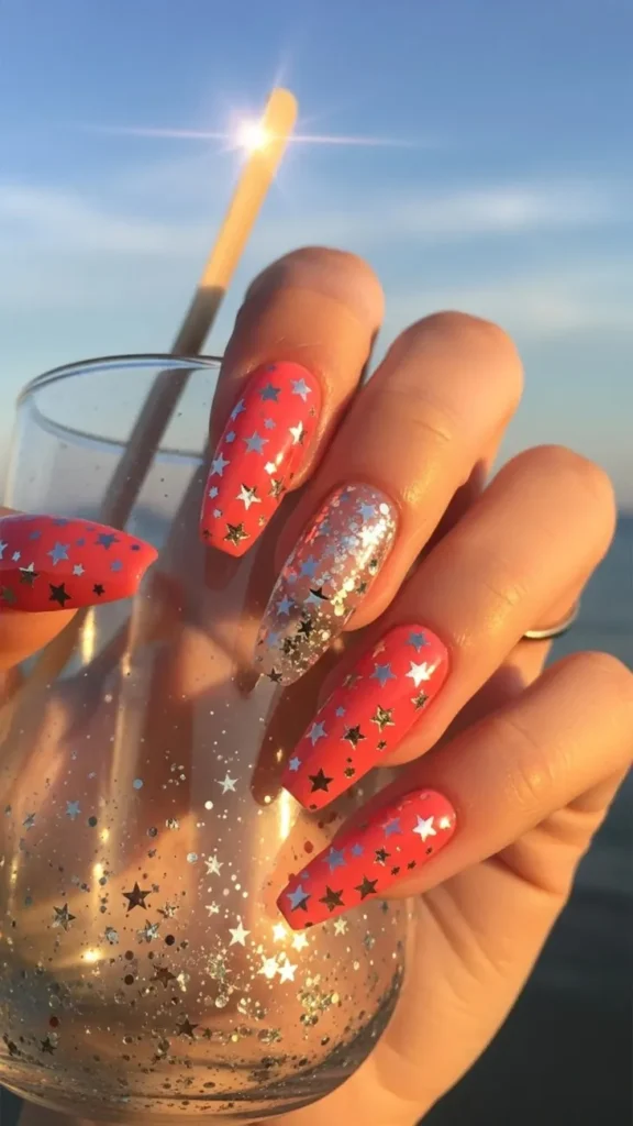 Coral with Glittering Stars Summer Nail