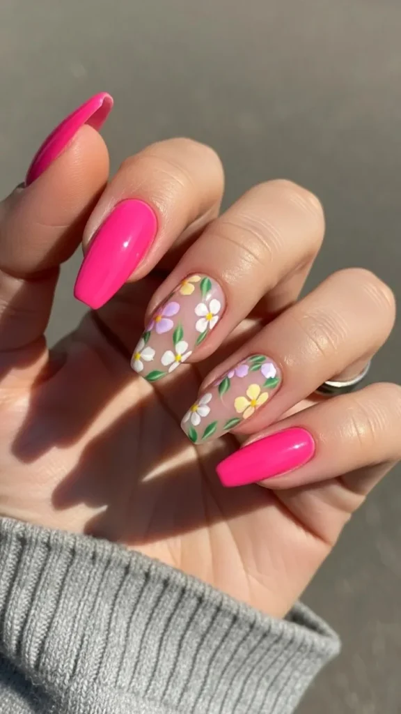 Floral Accent Hot Pink Summer Nail