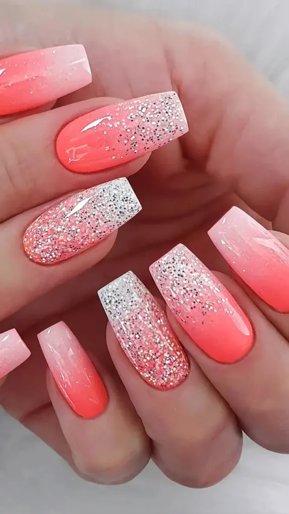 Glitter Coral Gradient Summer NAil